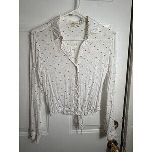 Cloth & Stone White Print Button Front Top XS Long Sleeve Drawstring